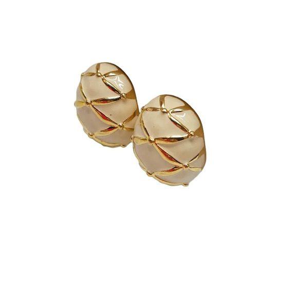 Joan Rivers Oval Shaped Cream Enamel Earrings Clip on Gold Tone Vintage - Picture 3 of 6